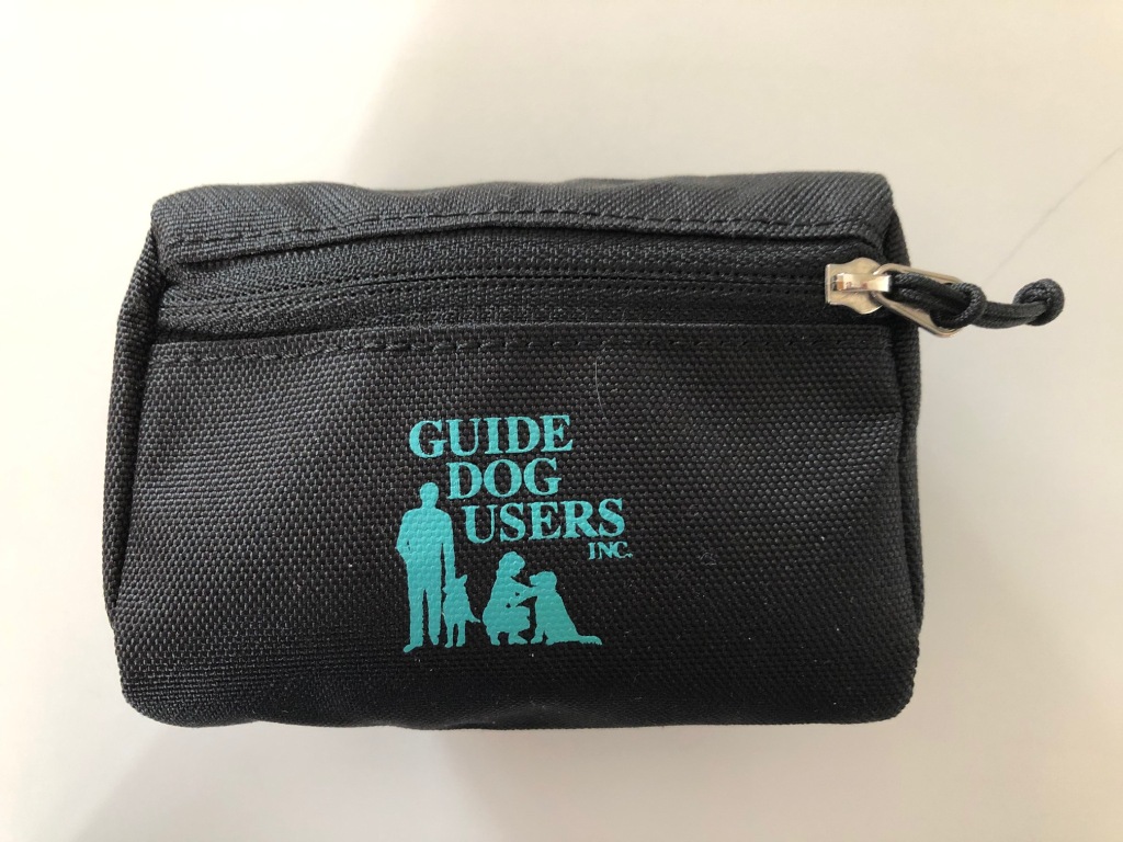 Pouch, front view. black harness pouch emblazoned with our logo in teal.