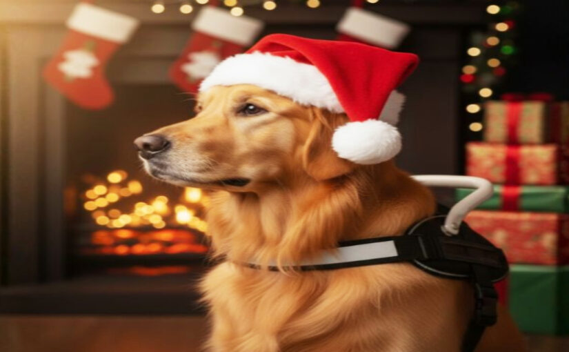 Alt text: A golden retriever wearing a red Santa hat and a guide dog harness sits calmly in front of a lit fireplace, with Christmas stockings, twinkling lights, and wrapped presents in the background.