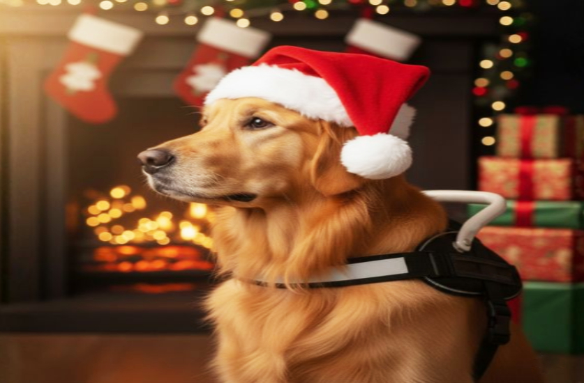 Alt text: A golden retriever wearing a red Santa hat and a guide dog harness sits calmly in front of a lit fireplace, with Christmas stockings, twinkling lights, and wrapped presents in the background.